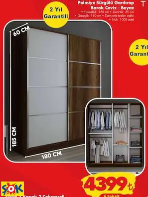 PALMİYE SÜRGÜLÜ GARDIROP BAROK CEVİZ - BEYAZ